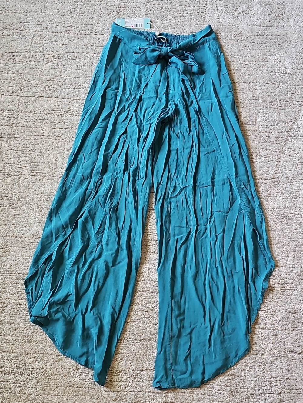 Shore Flowy Wide-Leg Tie-Waist Pants in Teal